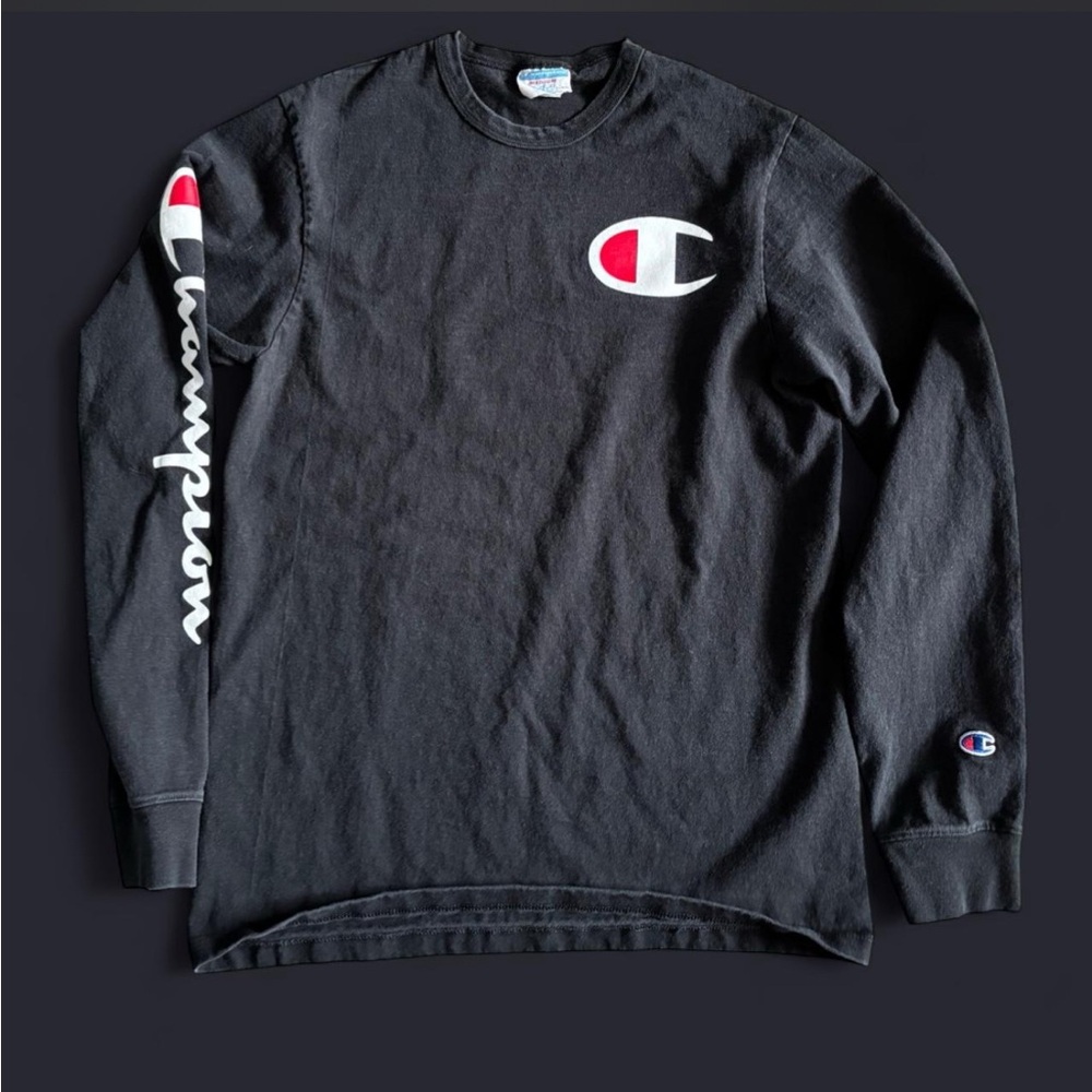 Vintage Champion black long sleeve shirt with red and white logo size Medium